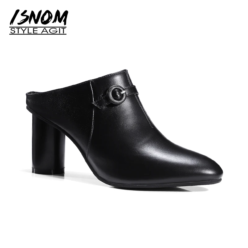 

ISNOM 2018 Women Fashion Shoes Mules Genuine Leather Vintage High Heels Slingback Pumps Summer Mules Lady Footwear Female