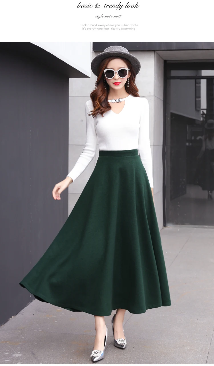 Осенне-зимняя теплая юбка, эластичная юбка с высокой талией, повседневные юбки трапециевидной формы, Женская однотонная длинная юбка-пачка большого размера - Цвет: Зеленый