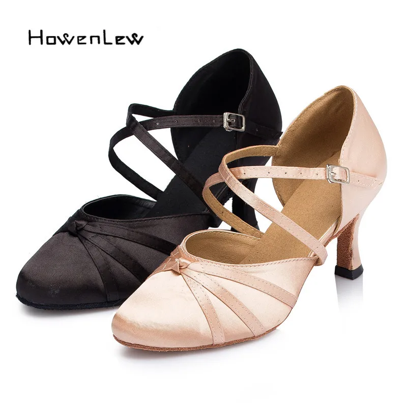 Satin Knot Closed Pointed Toe Modern Latin Ballroom Dance Shoes High