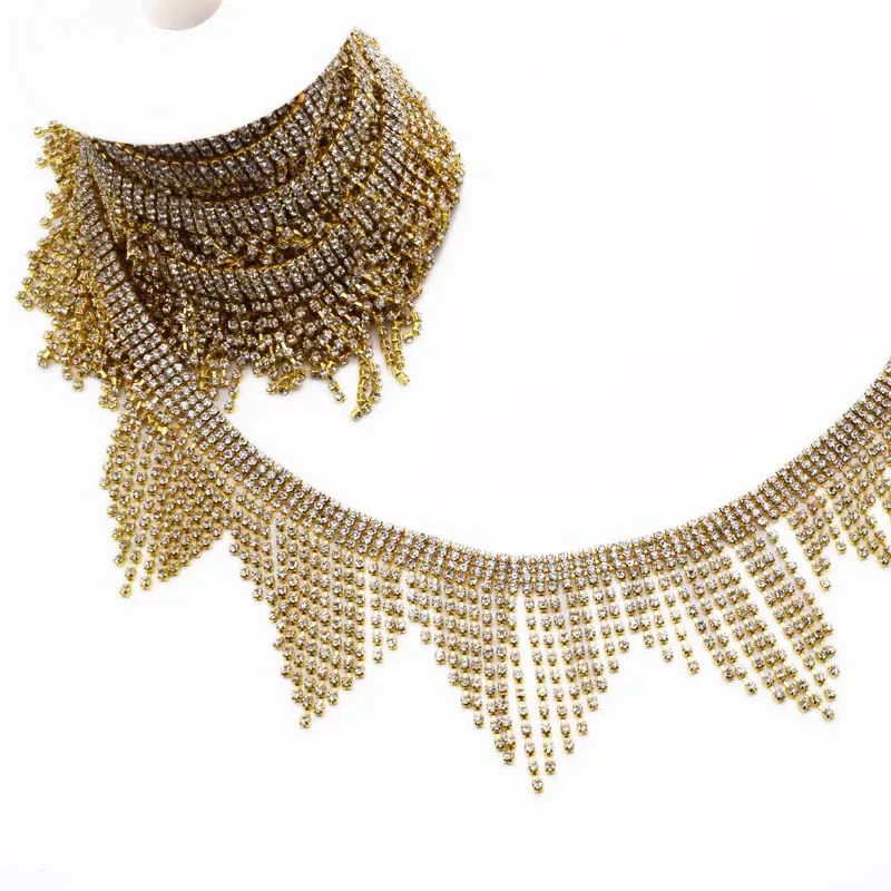 

5yards Very Luxury Rhinestone appliques for Wedding Dress belt Gold tassel fringe Trimmings Sew on patches for Clothing Sewing