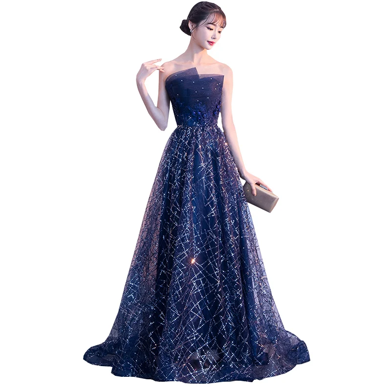 

KULAZOPPER Women Elegant Long Dress Lace Beaded Starry Sky Prom Gown Off Shoulder Strapless Evening Gown Vestido De Festa ZS288