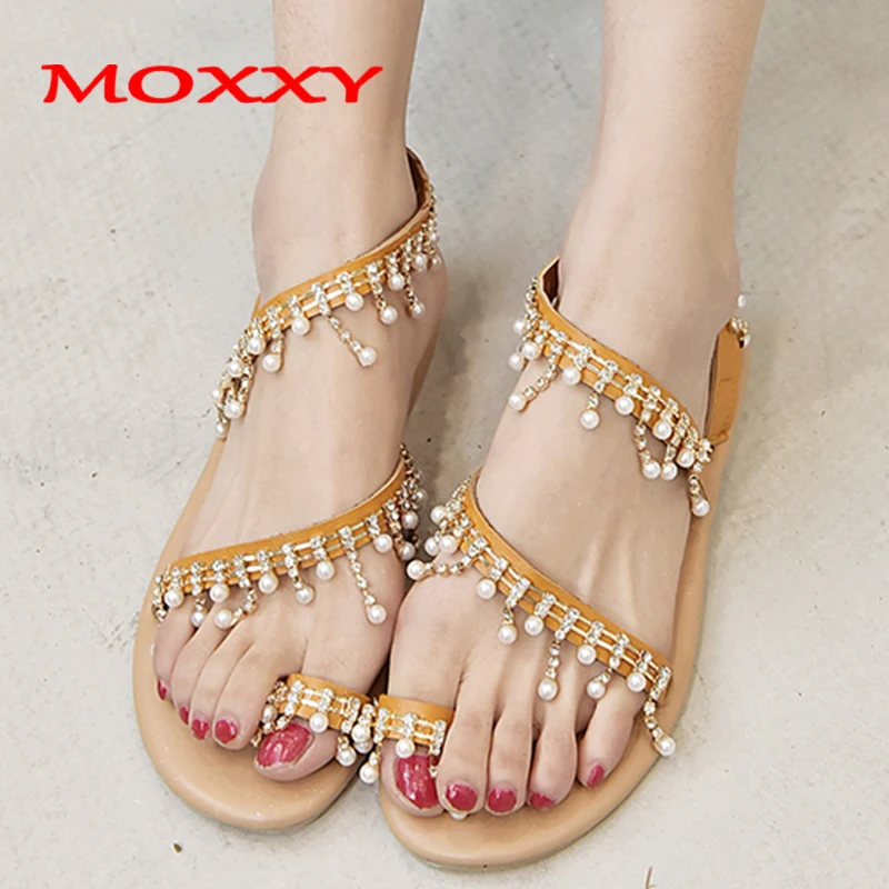 

Plus Size 43 Gold Pearl Sandals Women Sandals 2019 Summer Flat Beach Shoes Women Flop Flips Slippers boho Gladiator Sandal femme
