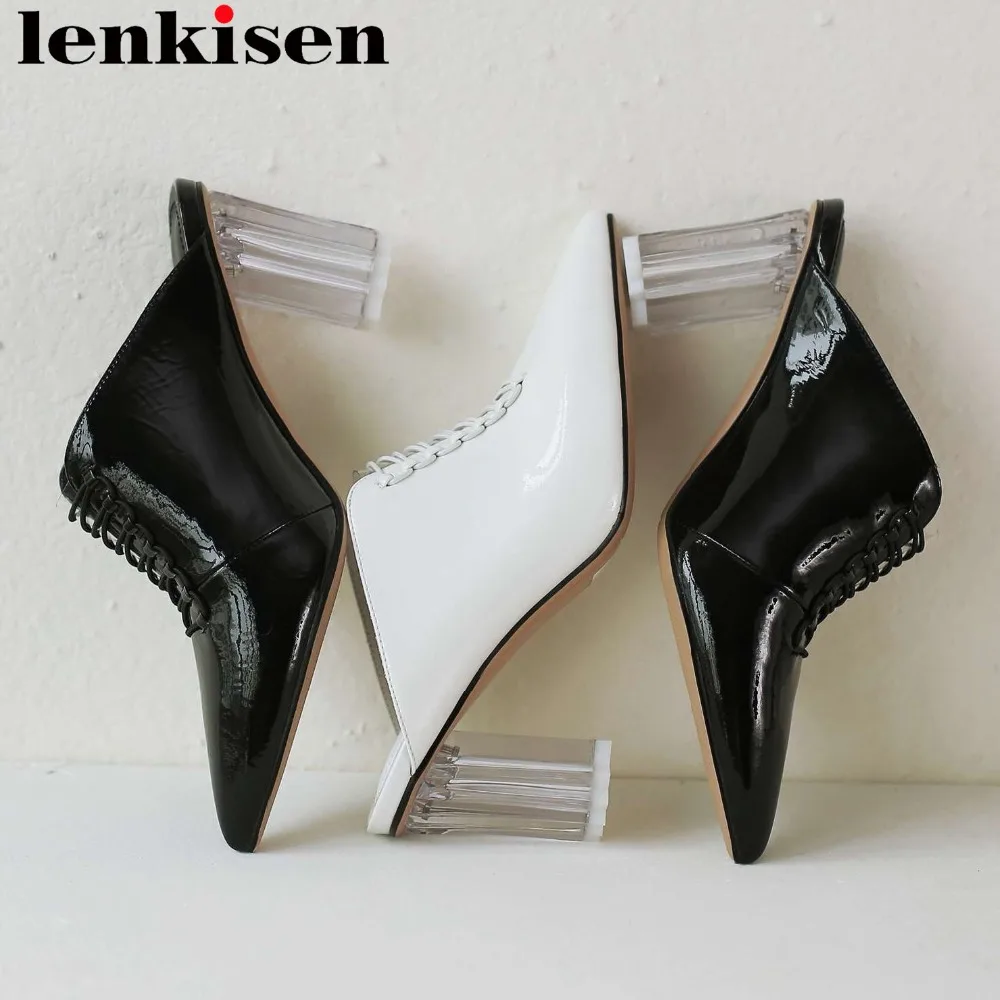 

Lenkisen European superstars square high heels pointed toe slip on mules slingback women pumps party wedding daily wear shoe Ls5