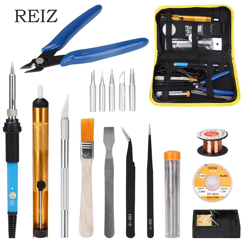 

REIZ Electric Soldering Iron Set Ajustable Temperature Portable Welding Repair Tool Kit Iron Stand Solder Desoldering Pump 60W