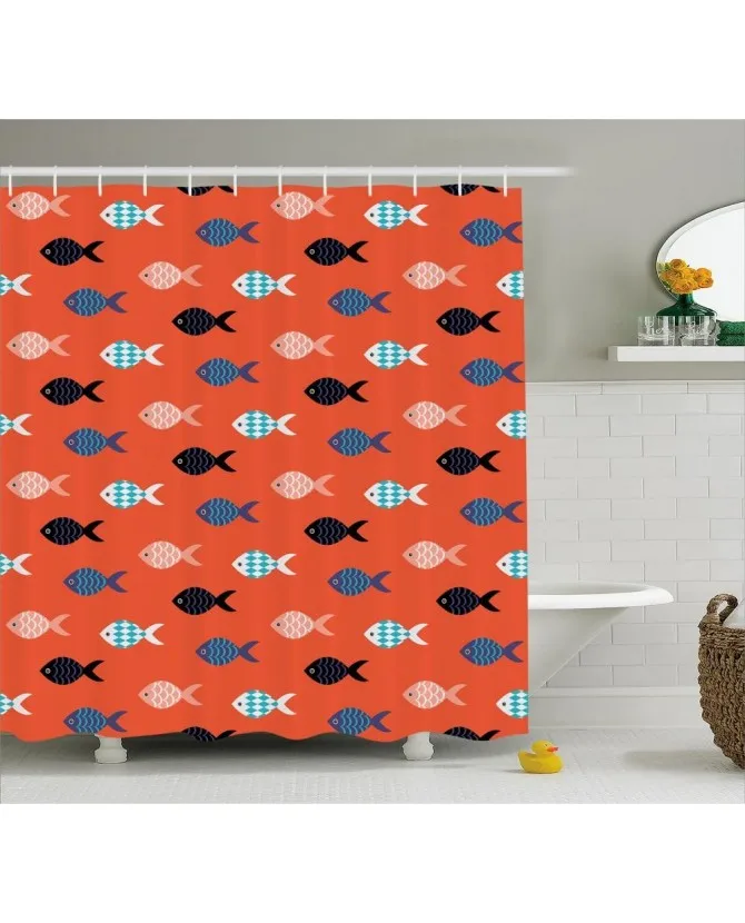 

Orange Shower Curtain Colorful Fish Shoal Print For BathroomFabric Washable Waterproof With Rings