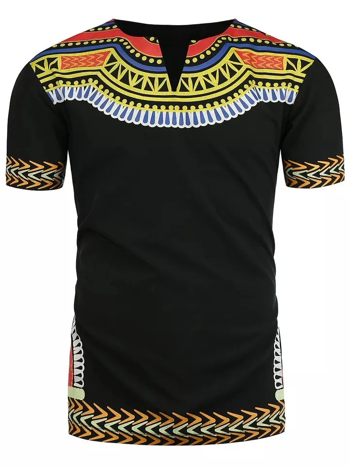 Adult Men Summer African Print Dashiki Shirt Black Short Sleeve V Neck ...