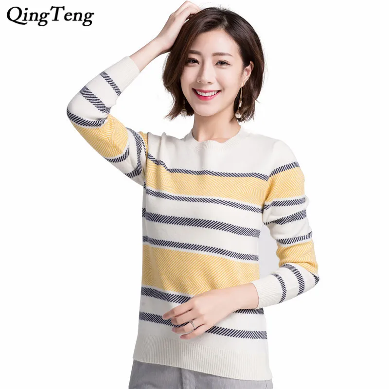 Buy Yellow Striped Cashmere Sweater Women's Light Weight Fine Knitting Long