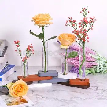 

4 Crystal Glass Test Tube Vase Flower Pots for Hydroponic Plants Home Decor Set Stylishly In Wooden Holder