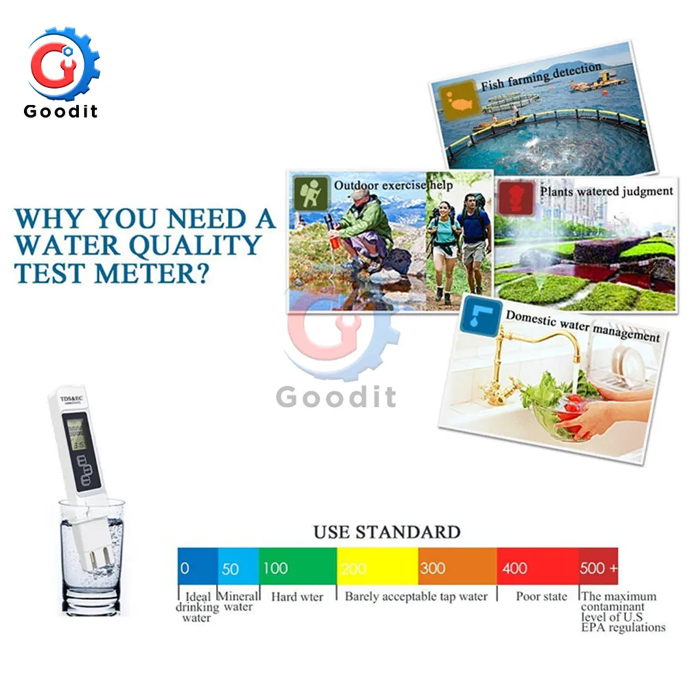 

TDS EC Meter Temperature Tester pen 3 In1 Function Conductivity Water Quality Measurement Tool TDS&EC Tester 0-9990ppm