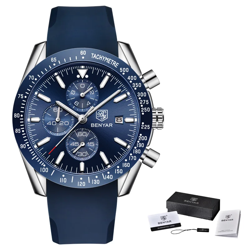 BENYAR мужские часы от роскошного бренда, деловые Стальные кварцевые часы, повседневные водонепроницаемые мужские наручные часы, Relogio Masculino - Цвет: Silicone Blue B