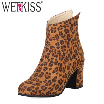 

WETKISS Leopard Print Women Boots Zip Round Toe Footwear Ankle Female Boot Thick High Heels Shoes Woman Winter 2018 Plus Size 47