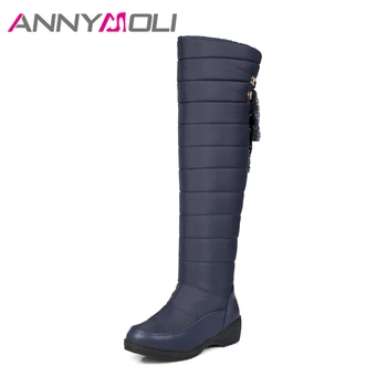 

ANNYMOLI Winter Snow Boots Women Over The Knee Boots Fur Warm Boots Bow Lace Up Platform Flat Boots Blue Black Big Size 11 44