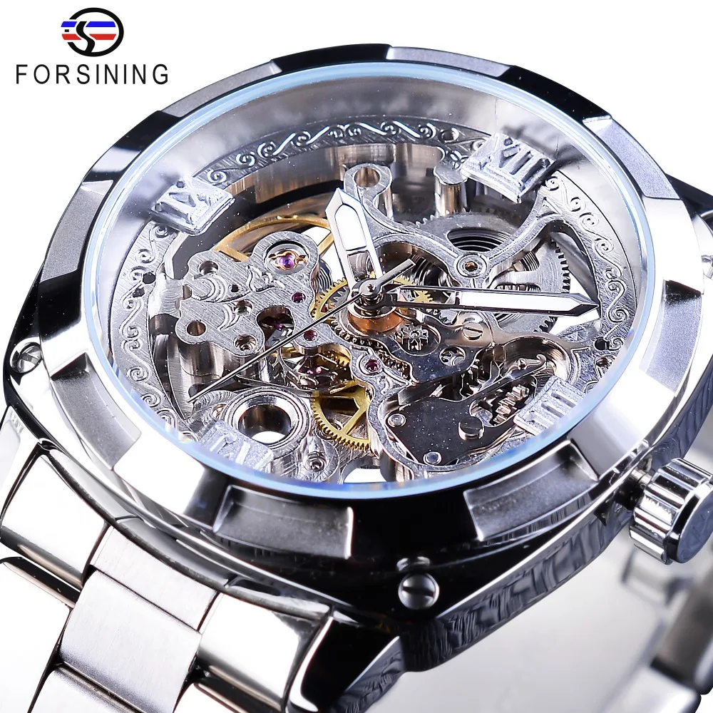 Acheter Forsining Argent Montres Boucle Déployante avec Sécurité Automatique des Hommes Montres Top Marque De Luxe Transparent Montres Lumineux Mains