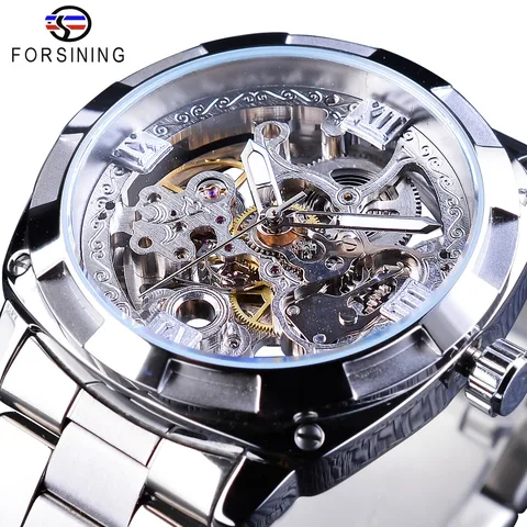 Fecho com Segurança Forsining Prata Relógios Dobrável Automáticos Masculinos Marca Superior Luxo Transparentes Luminosa Mãos