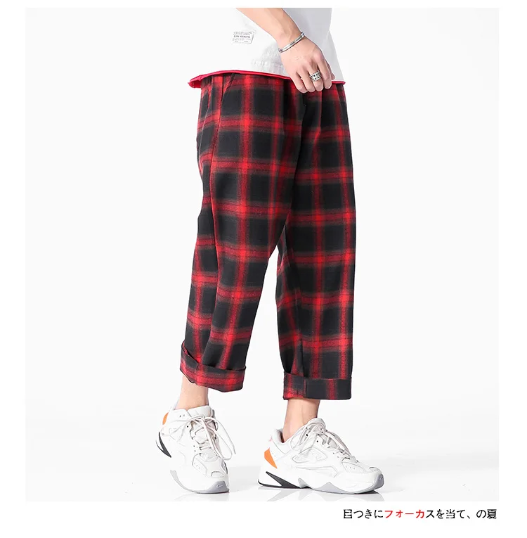 Штаны для бега, мужские клетчатые штаны, черные хлопковые удобные мужские летние повседневные уличные свободные брюки с карманами, японские трендовые