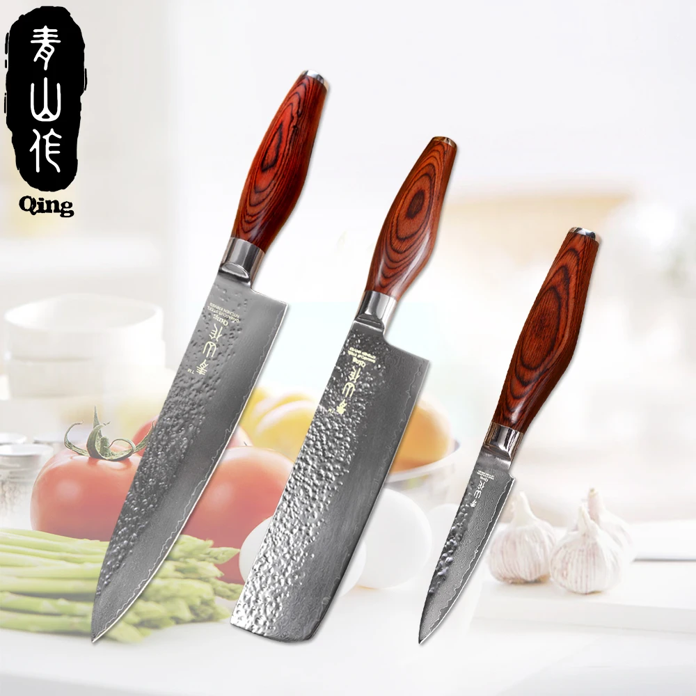 QING Damascus Knife VG10 Core Kitchen Knife 3 Piece Set VG10 Damascus
