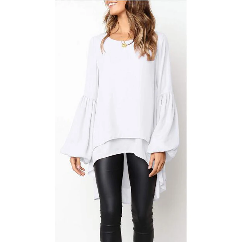 

Women Loose Ruffle Chiffon Ladies Autumn Stylish Elegant Lantern Long Sleeve High Low Tunic Top Plus Size Blouse