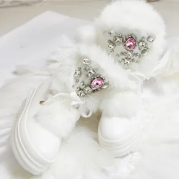 

2020 Real Rabbit Fur Winter Boots Rhinestones Diamond Snow Boots Thick Warm High-Top Women Shoes Large Size 41 Winter Boots