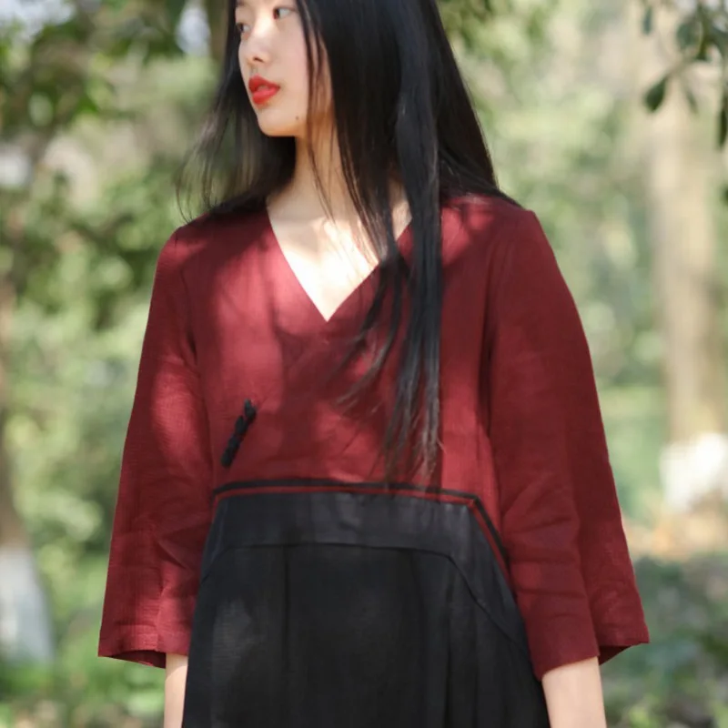 

Autumn New Arrival Dress Original Design Chinese Style Loose Jacquard Cotton Linen Stitching Chicken Heart Collar Robes