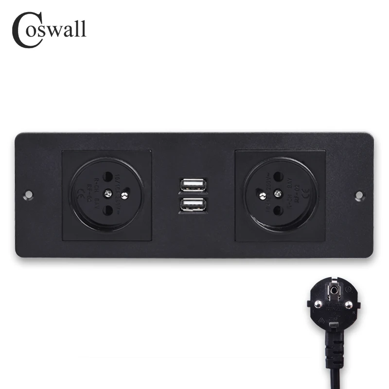 

COSWALL Double French Standard Power Outlet 2 USB Charging Port Kitchen Table Desktop Socket Furniture Power Distribution Units