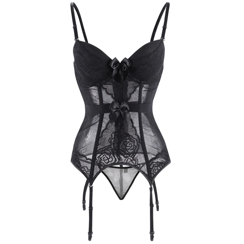Elegant Spaghetti Strap Lace Bustier Women Korse Overbust Push Up Lingerie Corsets Sexy Femme Lingerie See Through Corset Black (6)