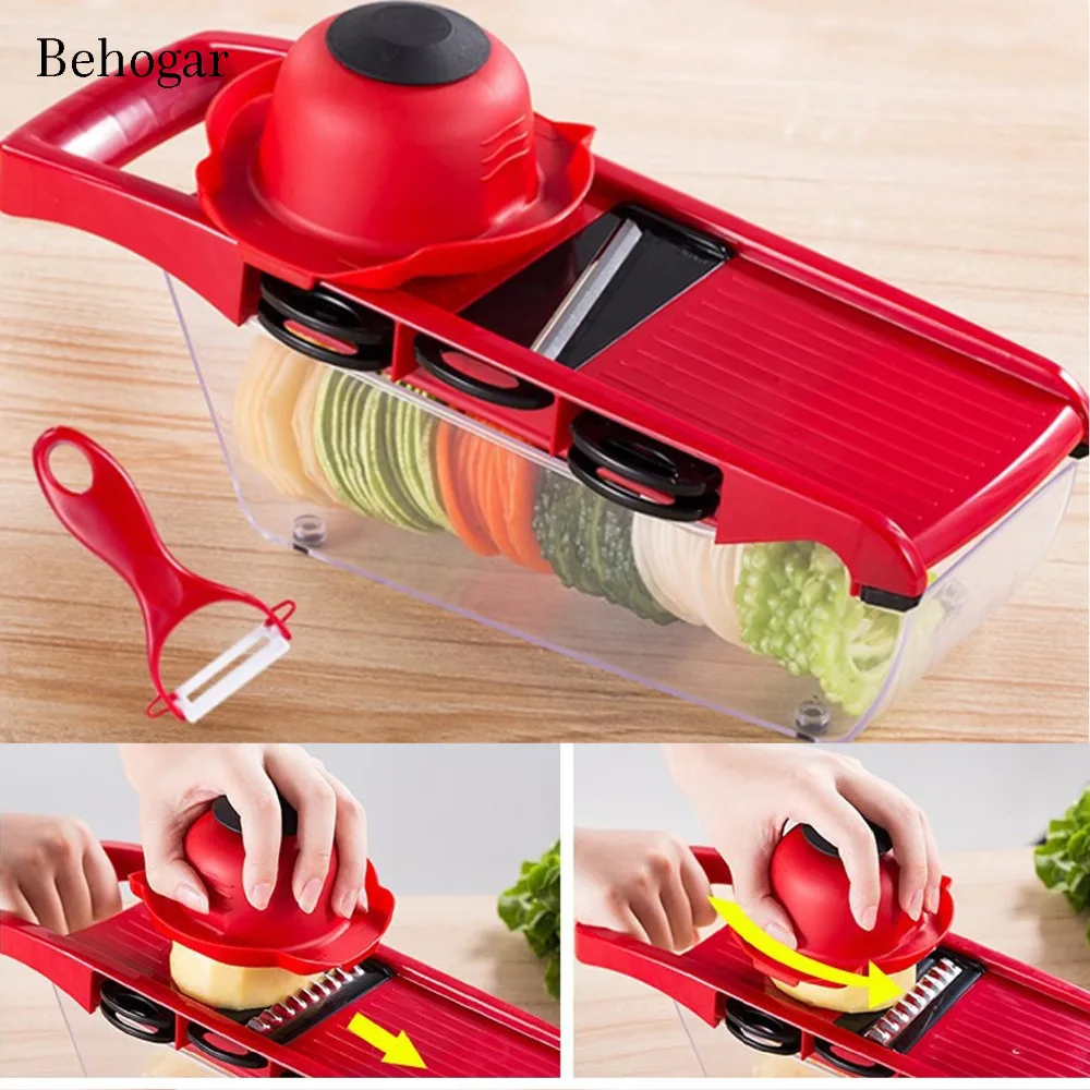 

Behogar Multipurpose Food Vegetable Cutter Chopper Slicer with 6PCS Adjustable Blades Peeler Hand Guard for Potato Tomato Onion
