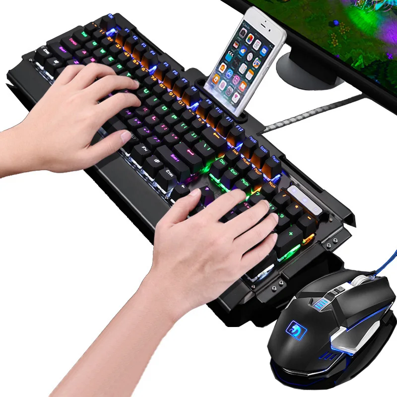 Технология, 104 клавиш, настоящая механическая клавиатура, синий, черный переключатель, Радужный светодиодный, с подсветкой, компьютерная игровая клавиатура+ новая профессиональная игровая мышь
