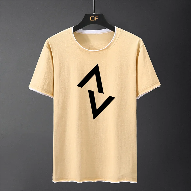 

2019 Triangle Logo Summer T-shirt Men Cotton Short Sleeve Print Fake Two Casual Hip Hop T Shirt Homme Men Tshirt Tops Plus Size