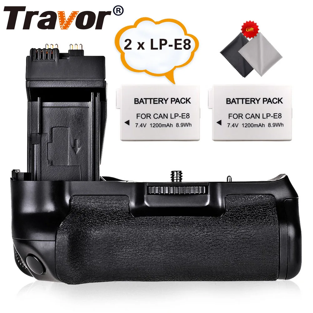 Travor Батарейная ручка держатель для Canon 550D 600D 650D 700D Rebel T2i T3i T4i T5i как BG-E8+ 2 шт. LP-E8 батарея+ 2 шт. ткань для объектива