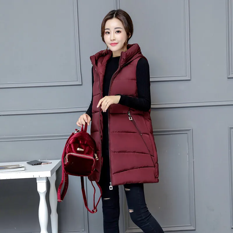 Winter vest women long Casual slim solid Big hood waistcoat vest Autumn sleeveless cotton padded parka coat for female