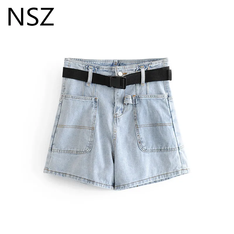 

Women Summer Jeans Shorts with Belt Hot Denim Shorts Zipper Pocket Washed Shorts