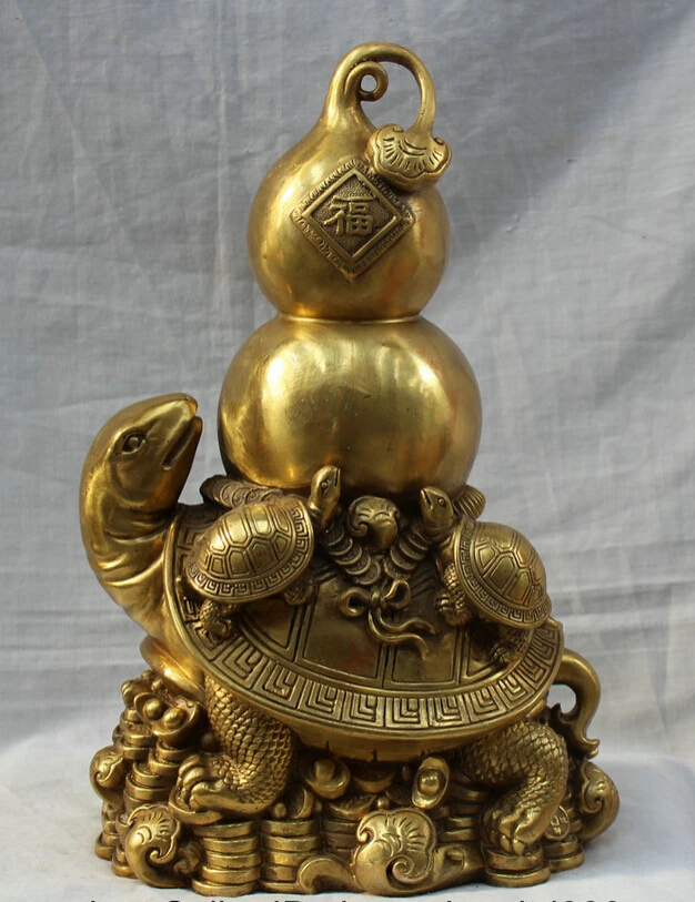 

song voge gem S5974 14" Chinese Fengshui Cucurbit Gourd On Money Wealth Dragon Tortoise Brass Statue