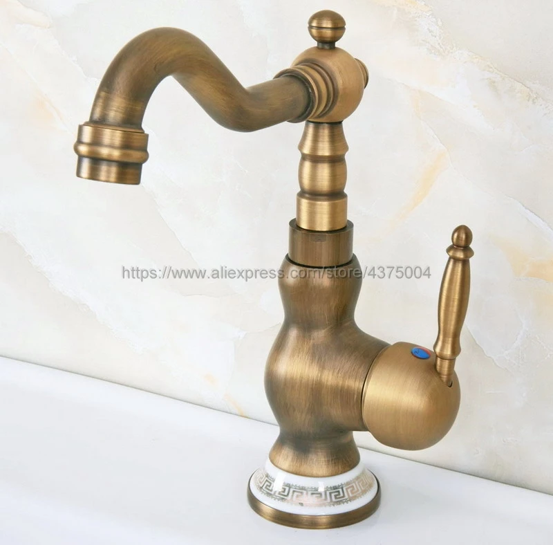 Deck Mounted Antique Brass Single Handle Hole Bathroom Sink Mixer Faucet Hot and Cold Water Mixer Tap Nnf612