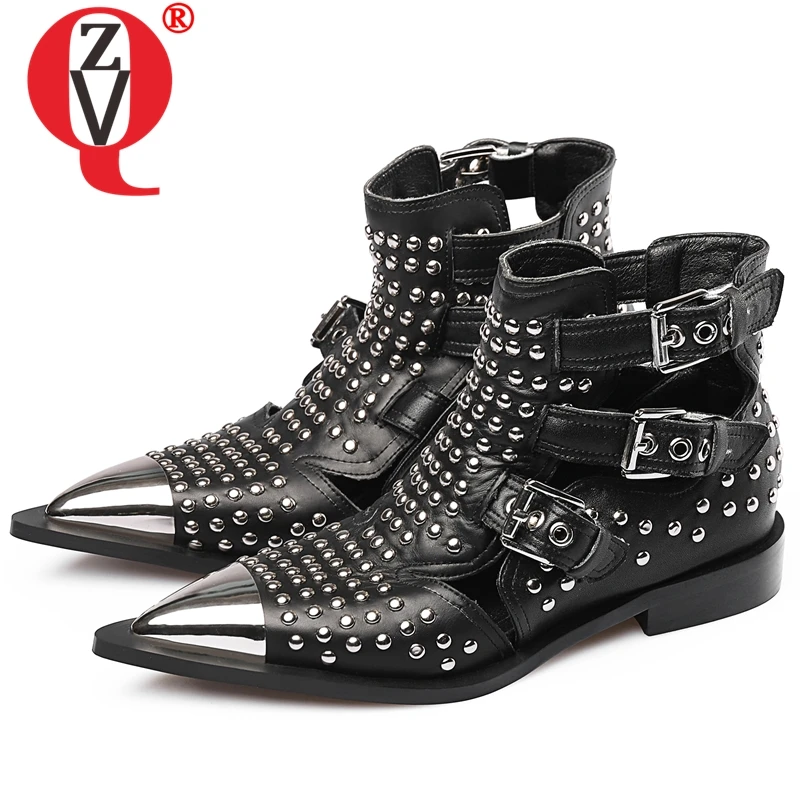

ZVQ Punk woman Chelsea boots genuine leather women fashion spring autumn flat shoes Gothic cool rivets Pointed toe ankle boots