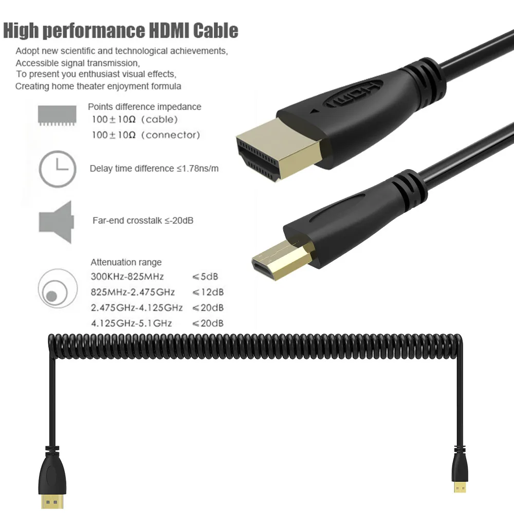 Robotsky высокоскоростной пружинный Micro HDMI к HDMI кабель позолоченный поддерживает Ethernet 3D 4K Аудио возврат Кабо для HDTV XBox планшета