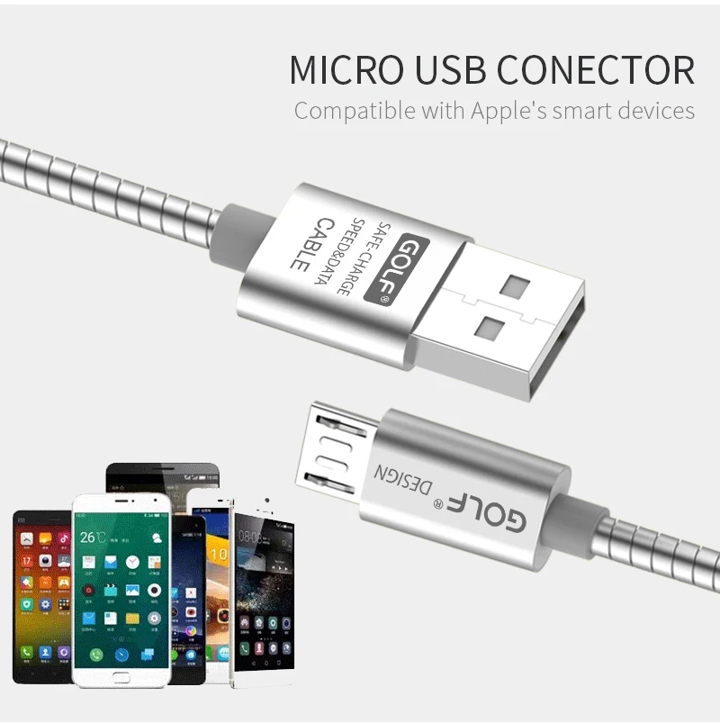 Металлический для гольфа Micro USB кабель синхронизации данных для Xiaomi 3 4 Note Redmi Note 4X samsung S6 S7 Edge LG G3 G4 V10 K10 Android Кабель зарядного устройства