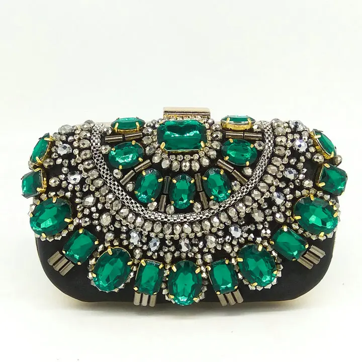 Женский металлический клатч с кристаллами, черно-серебристая вышитая бусинами вечерняя сумочка-кошелек, свадебный клатч с жестким корпусом - Цвет: Green Beaded Bag