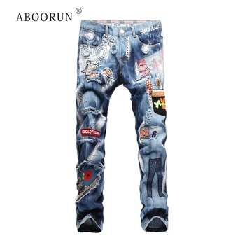 

Streetwear Ripped Jeans for Men Paint Patch Fashion Jeans Embroidered Flares Hip Hop Denim Pants Male Distressed Jeans Clothing