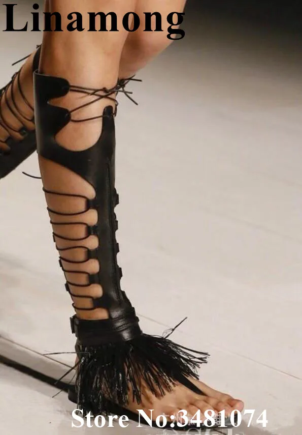 Botas hasta la rodilla para mujer, zapatos planos con flecos cruzados, a la  moda, de verano|Botas hasta la rodilla| - AliExpress