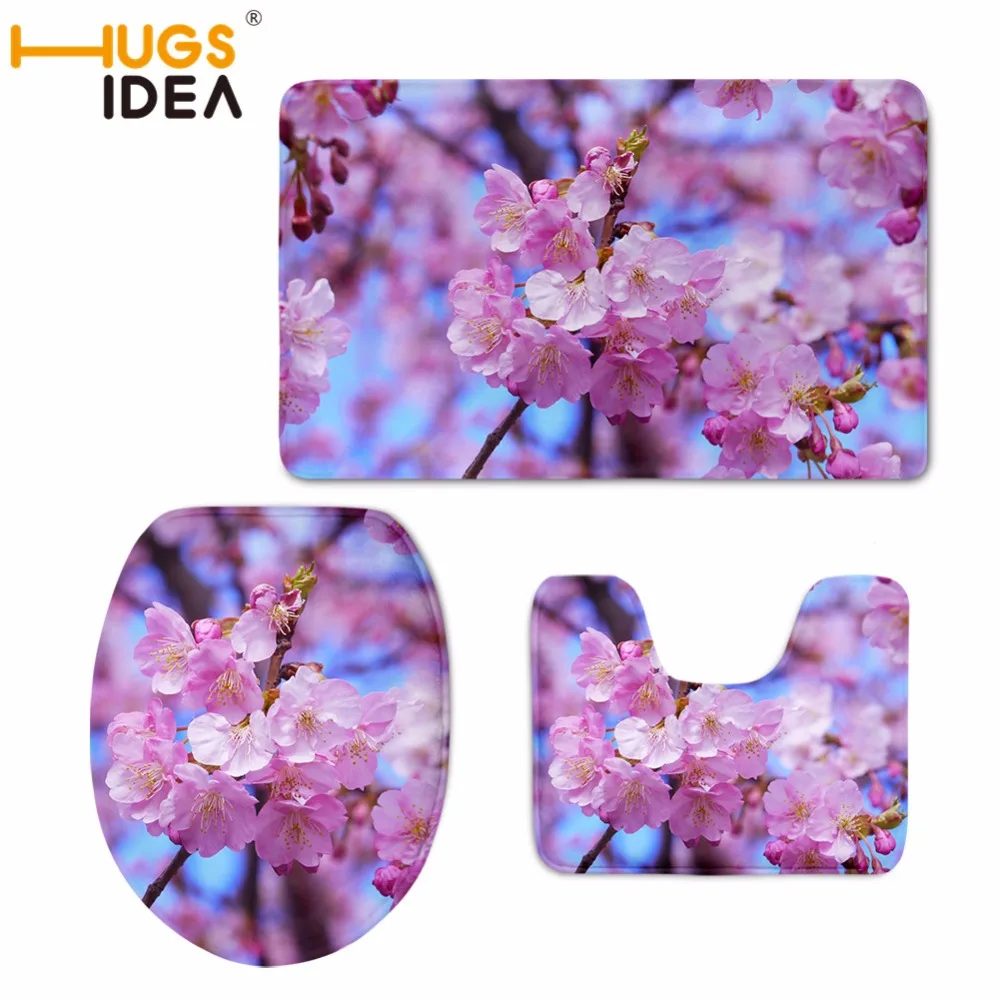 

HUGSIDEA 3D Pink Pretty Flower Printing Toilet Seat Cover Mat 3pcs/Set Warmer Soft WC Bathroom Carpet Toilet Accessories Set