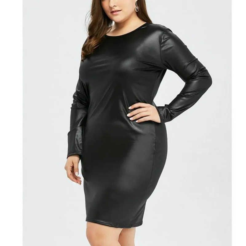 

Fashion Women's Wear Dress PU Leather Texture Long Sleeves Round Collar Sexy Tight Dress Black Plus Size Women Dress
