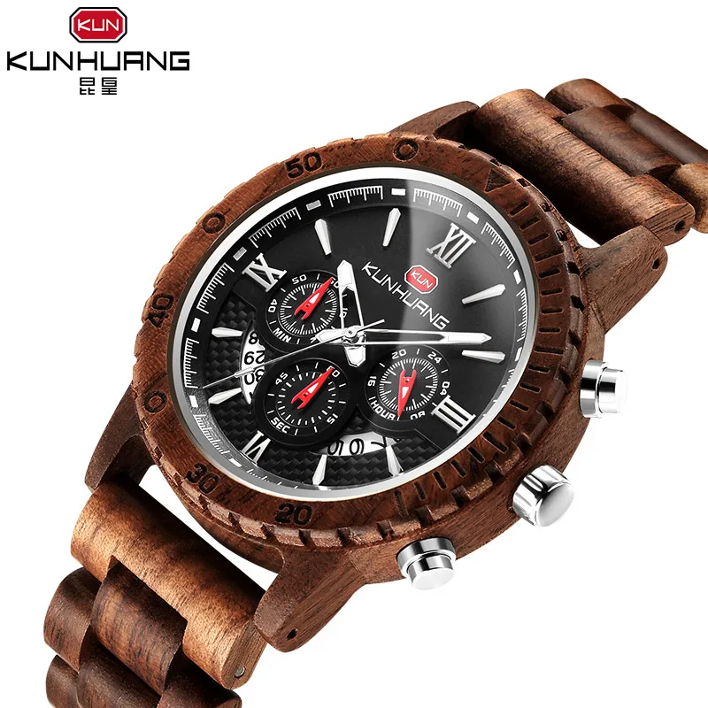

Kun Huang 48MM Wooden Watch Men erkek kol saati Luxury Stylish Wood Timepieces Chronograph Military Quartz Watches