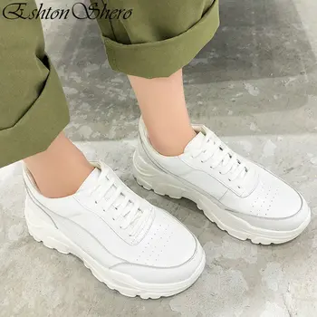 

EshtonShero 2019 Summer Women's Shoes Woman Pumps Leather Wedge Med Heels Round Toe White Ladies Platform Shoes Size 3-12