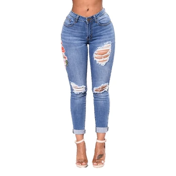

Trendy Women High Waist Skinny Slim Embroidered Design Demin Ripped Hole Pencil Pants