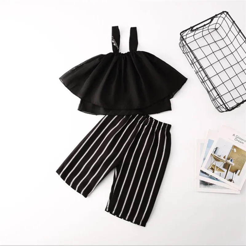 

Children Clothing Set Summer New 2019 Brand Girls Clothes Black Fashion Tiered Chiffon Sling+Striped Pants 2Pcs Children Clothes