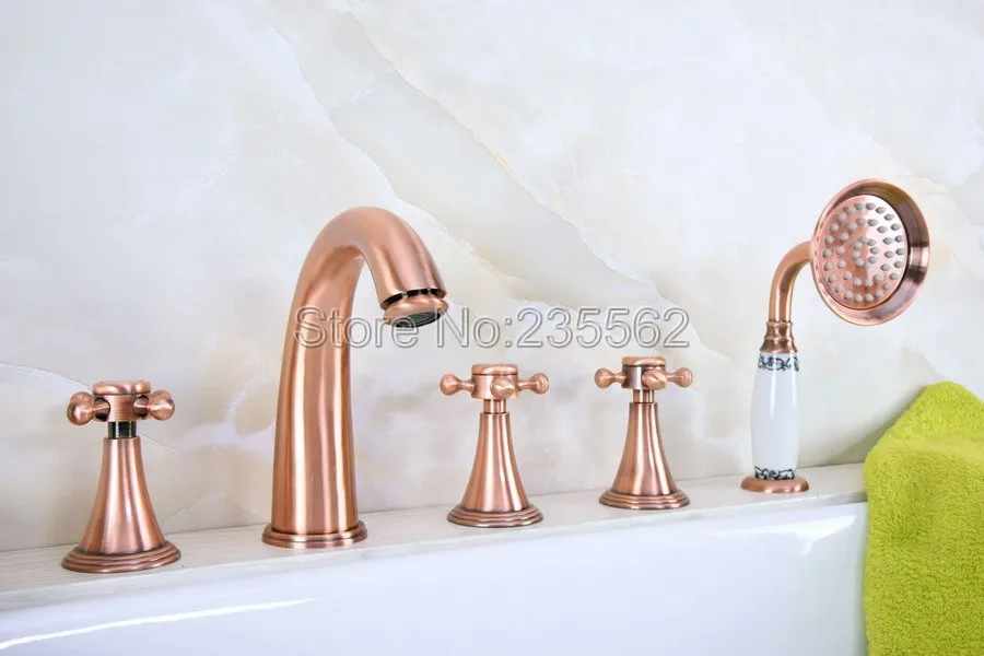 

Antique Red Copper Roman Bathtub Mixer Faucet Set w/ Handheld Shower 5 Holes Tap Deck Mounted lna206