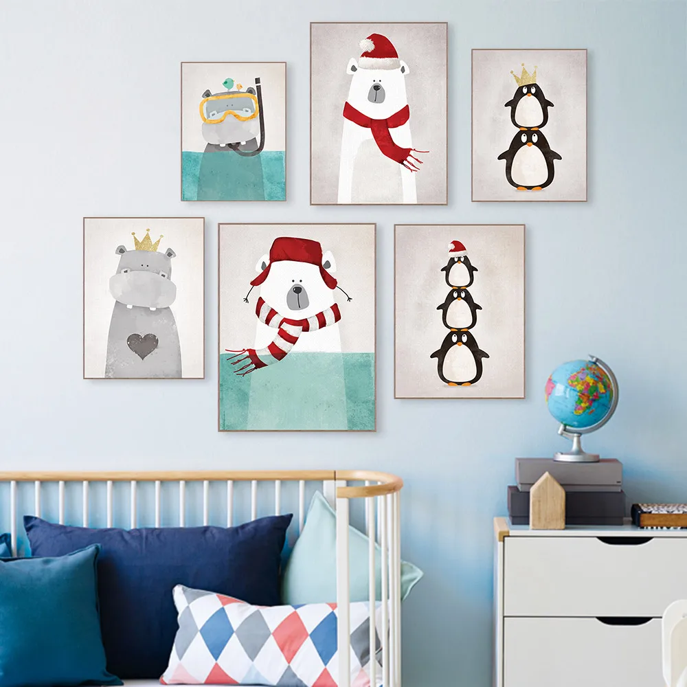 

Triptych Modern Nordic Kawaii Animals Bear Hippo Penguins Poster Print Wall Art Picture Canvas Painting Kids Room Decor No Frame