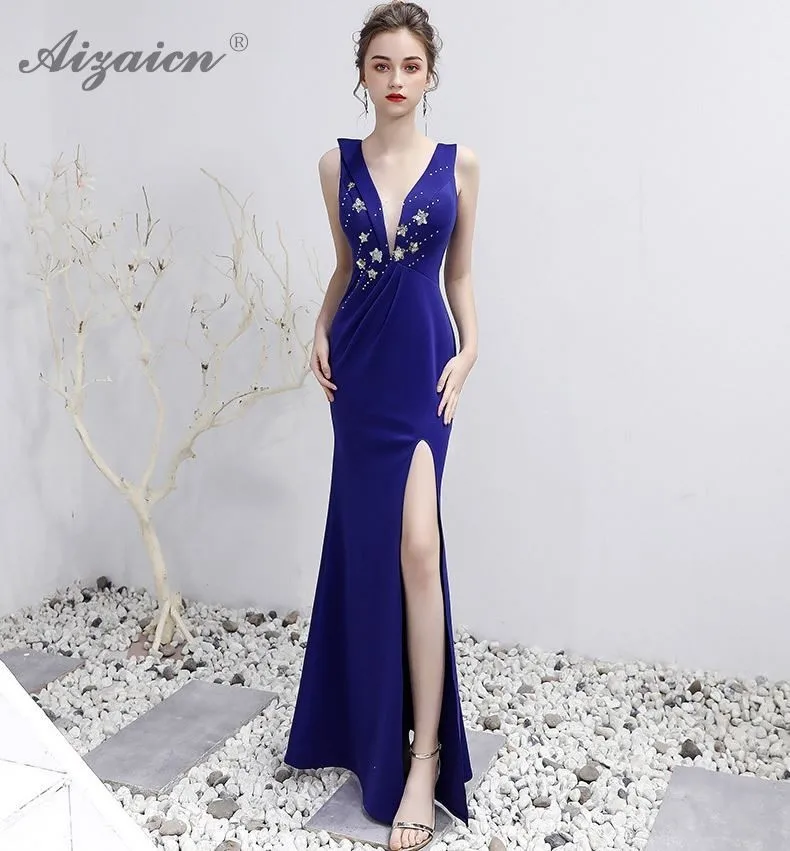 V образным вырезом Длинные Cheongsam синий современный китайский вечернее китайское платье-Ципао модные, пикантные высокие Разделение юбка вечерние платья Qi Pao Для женщин халат