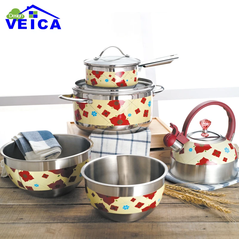 

7pcs Red Color Stainless Steel Cookware Set Casserole+Milk Pot+kettle Kitchen Cooking Tools Free Shipping