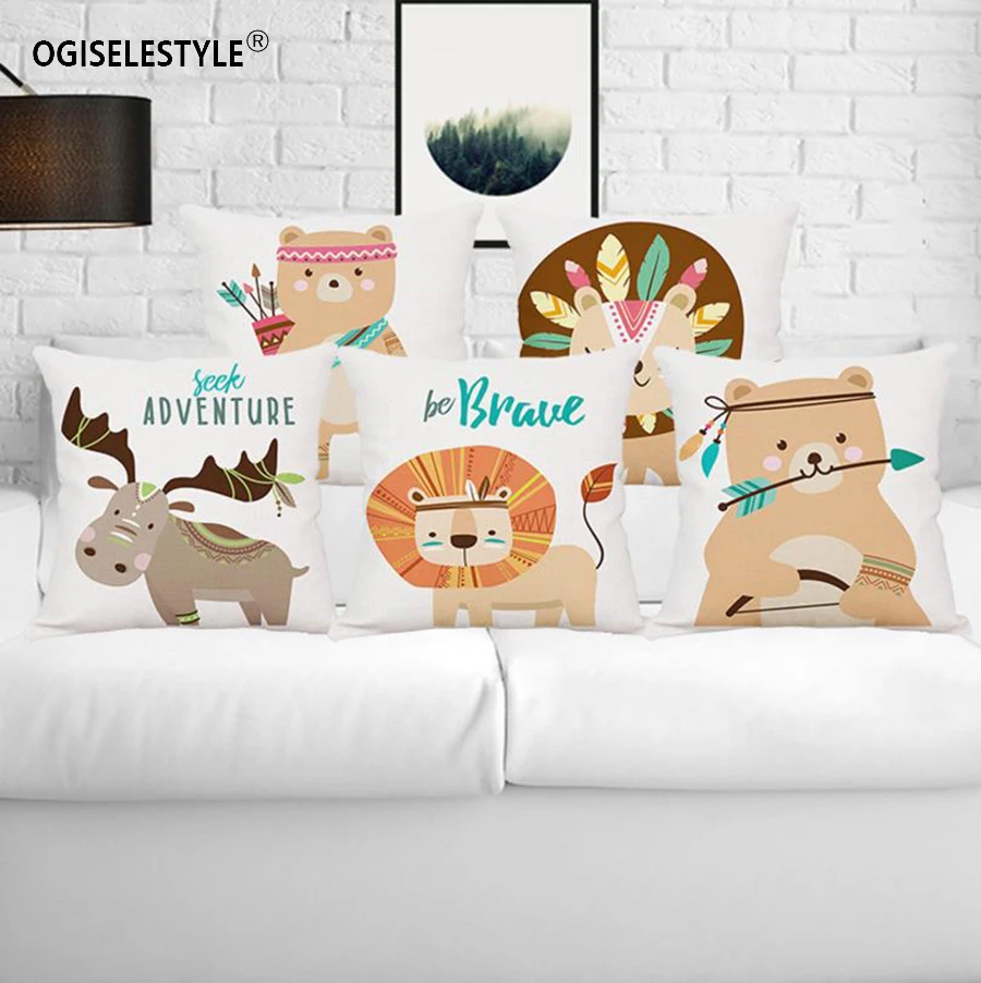 

Ogiselestyle Cartoon Bear Lion Animal Pillowcase Home Car Decor Sofa Chair Cushion Cover Couch Cotton Linen Bedromm Decor Gift